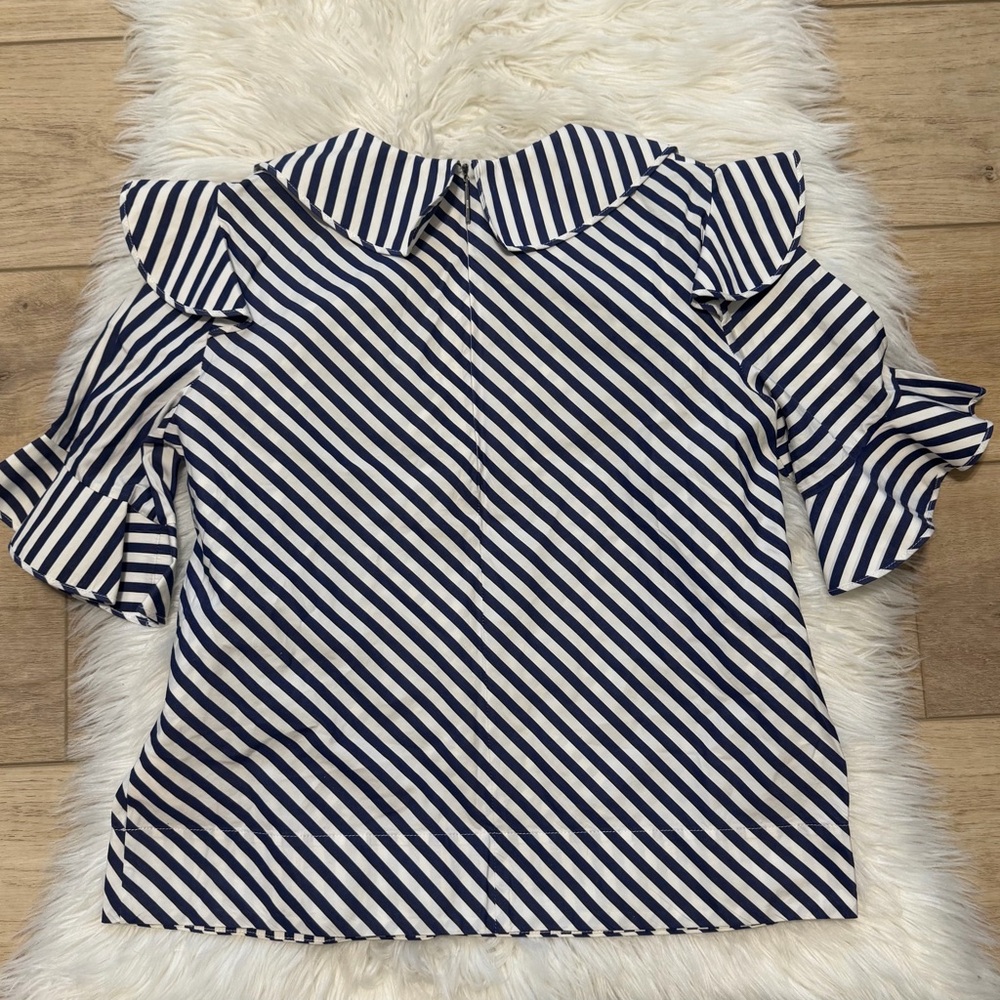 Striped Navy and White Ruffle Sleeve Blouse